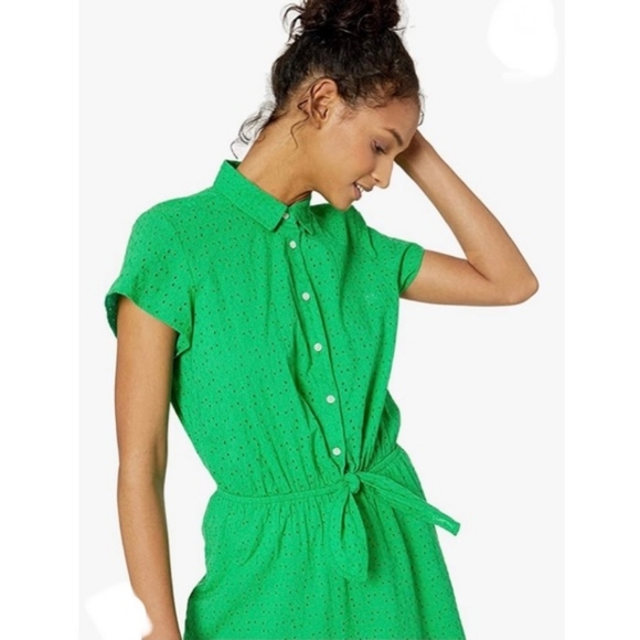 J. Crew Mercantile Medium M Green Eyelet Lace Collared Tie Front Button Up Dress - Picture 2 of 10